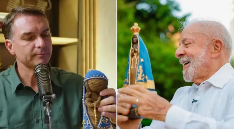 Flávio Bolsonaro (PL) e Lula (PT) com imagens de Nossa Senhora Aparecida | Reprodução e Ricardo Stuckert