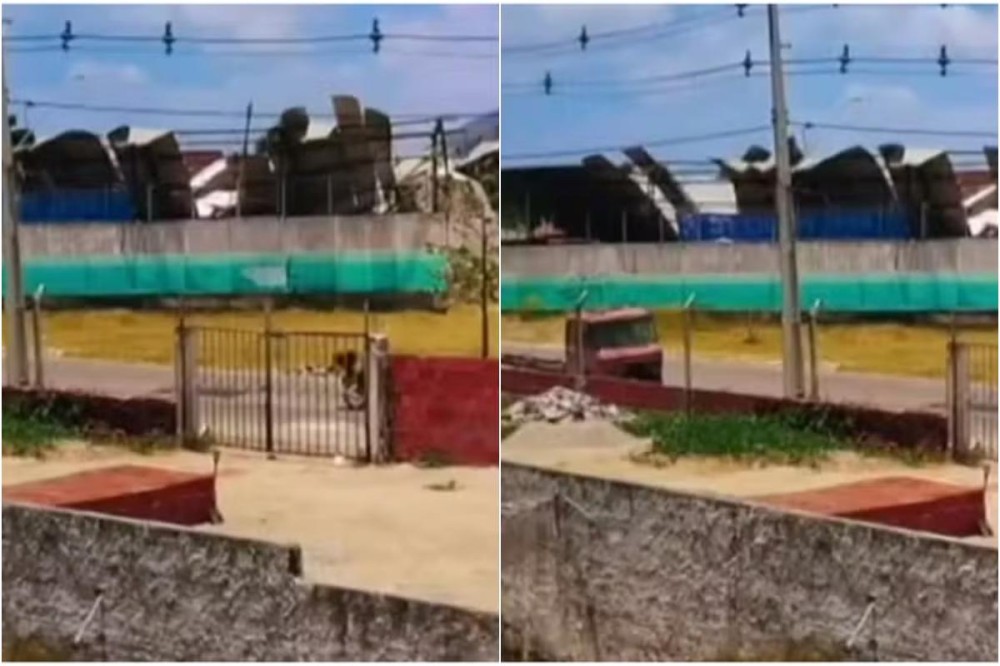 Forte ventania derruba cobertura de ginásio desativado em Pacatuba — Foto: TV Verdes Mares/Reprodução